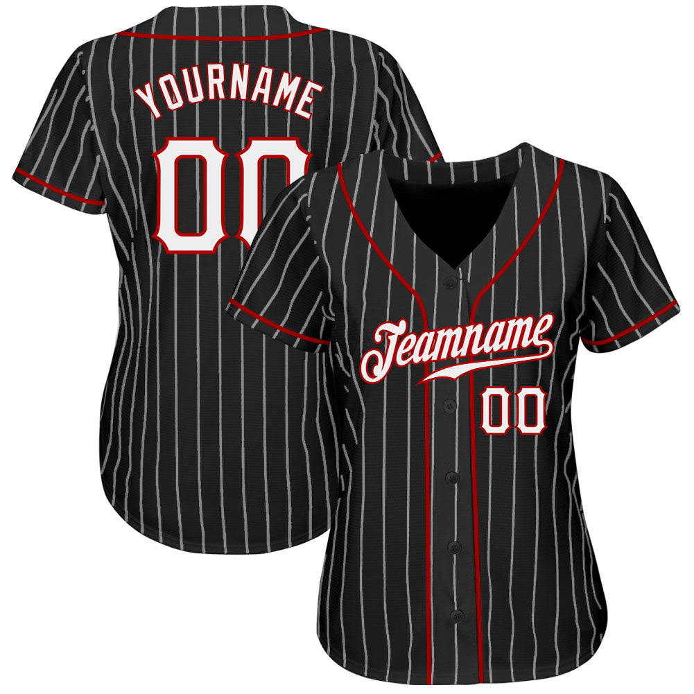 Custom Black White Pinstripe White-Red Authentic Baseball Jersey - Image 3