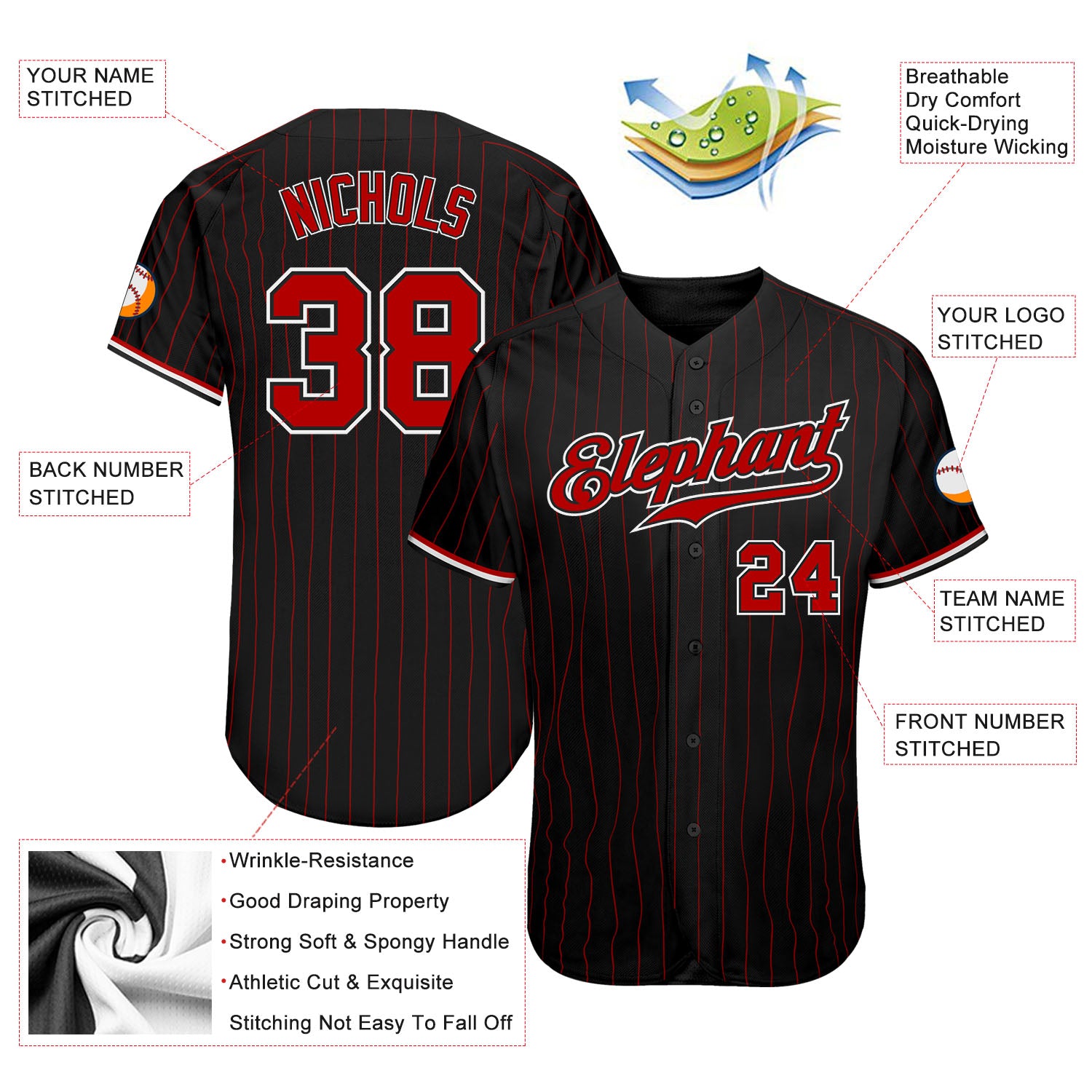 Custom Black Red Pinstripe Red-White Authentic Baseball Jersey - Image 3