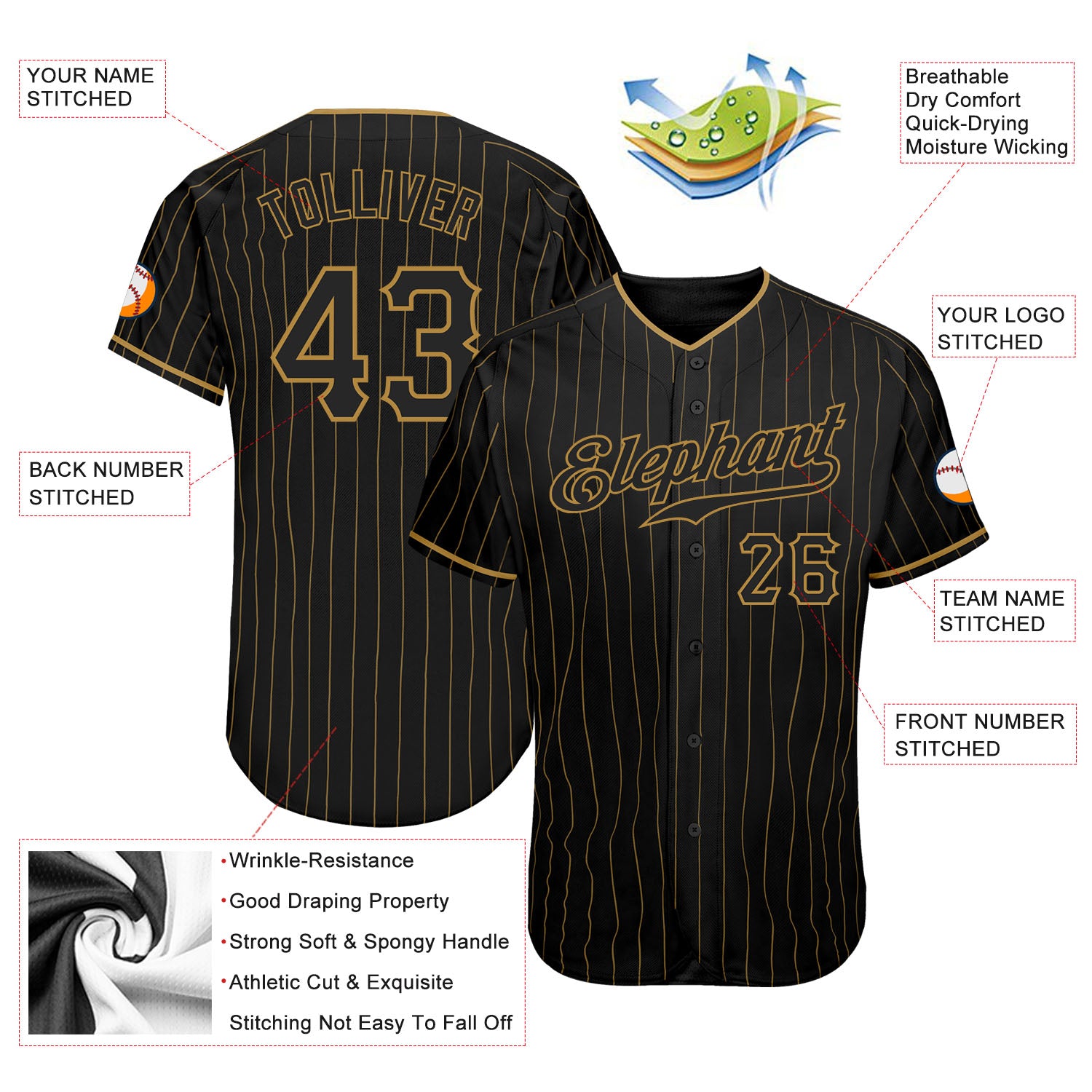 Custom Black Old Gold Pinstripe Black Authentic Baseball Jersey - Image 3