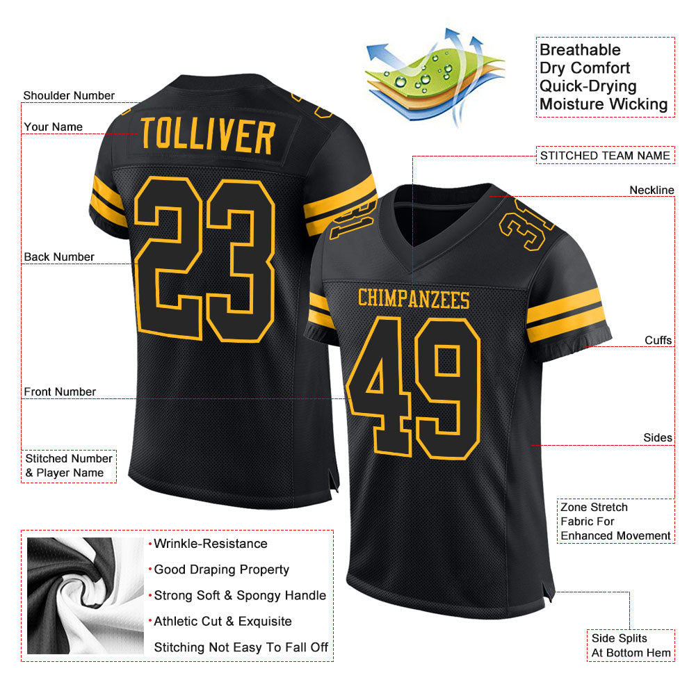 Custom Black Black-Gold Mesh Authentic Football Jersey - Image 2