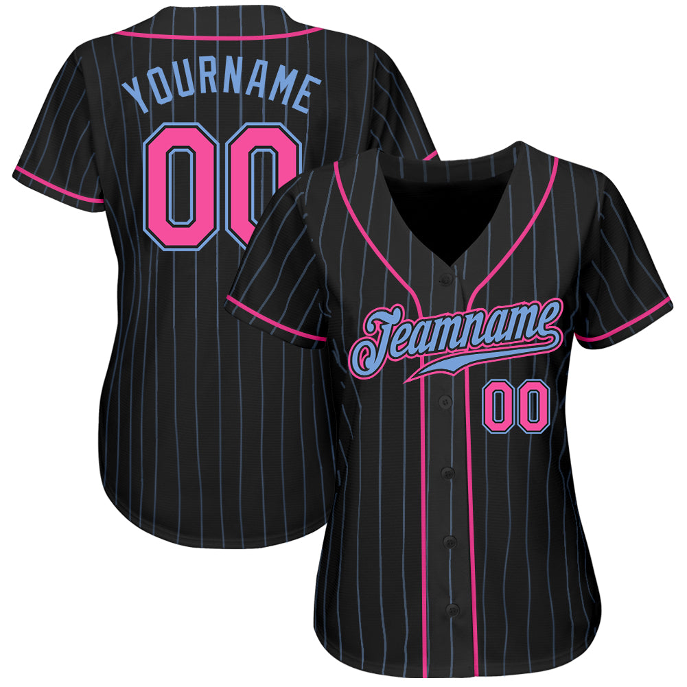 Custom Black Light Blue Pinstripe Pink-Light Blue Authentic Baseball Jersey - Image 2