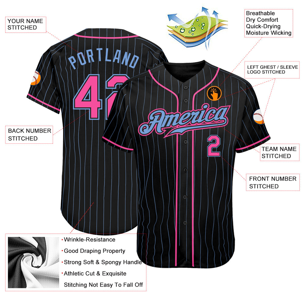 Custom Black Light Blue Pinstripe Pink-Light Blue Authentic Baseball Jersey - Image 3