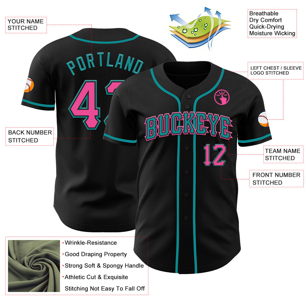 Custom Black Pink-Teal Authentic Baseball Jersey - Image 14