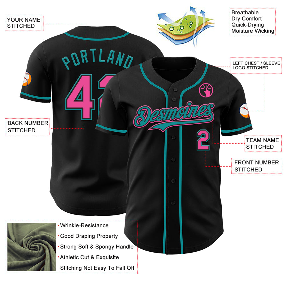 Custom Black Pink-Teal Authentic Baseball Jersey - Image 38