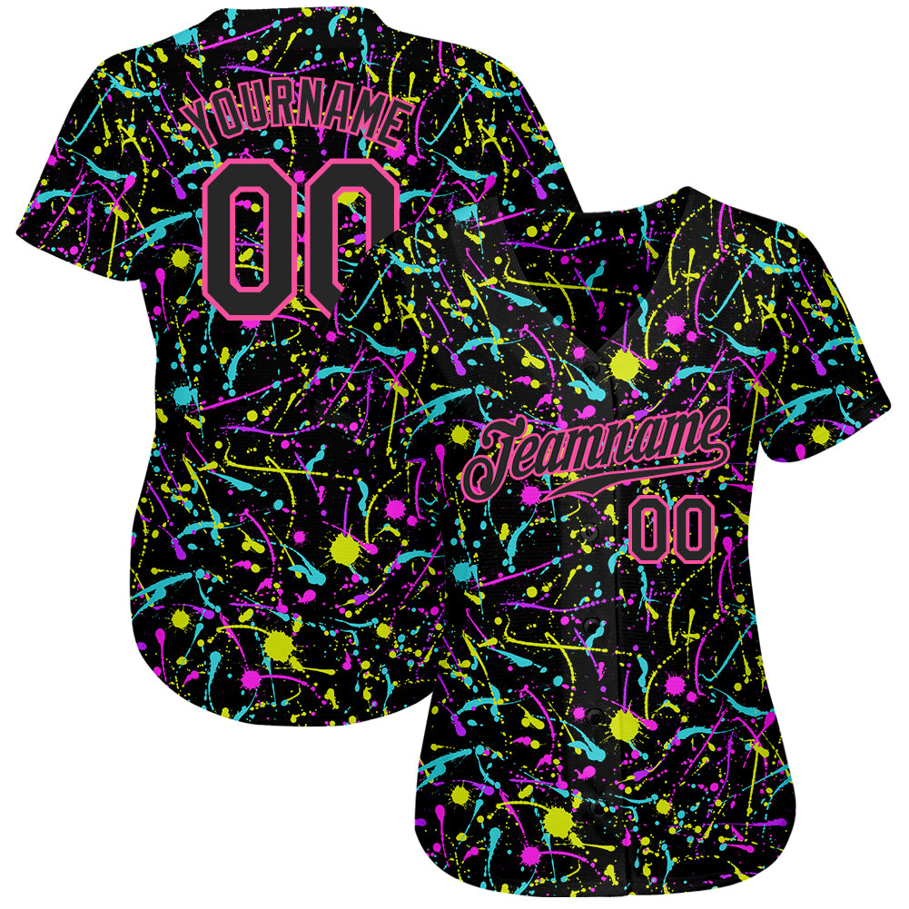 Custom Graffiti Pattern Black-Pink 3D Neon Splatter Authentic Baseball Jersey - Image 3
