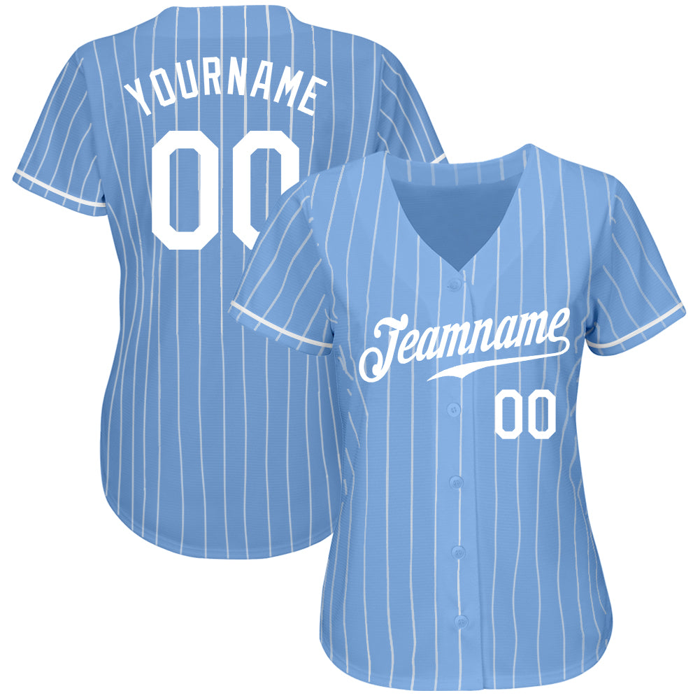 Custom Light Blue White Pinstripe White Authentic Baseball Jersey - Image 2