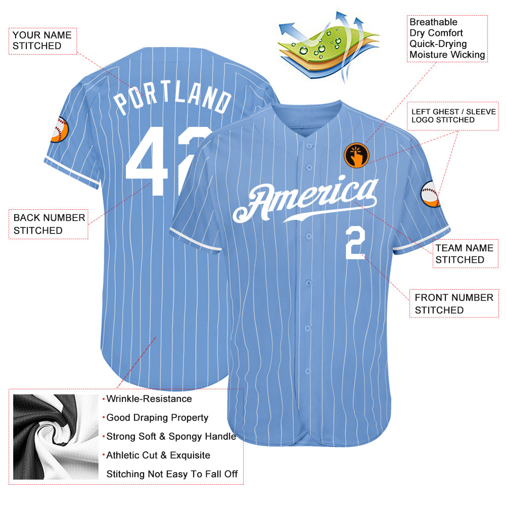 Custom Light Blue White Pinstripe White Authentic Baseball Jersey - Image 3