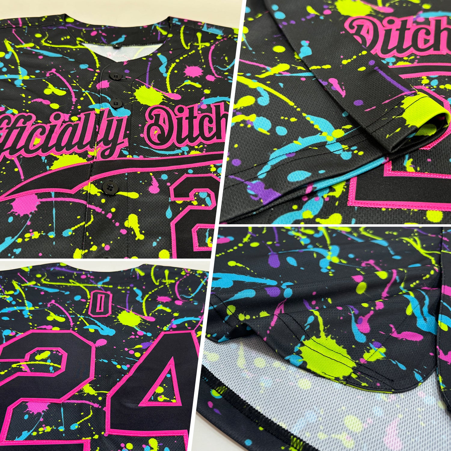 Custom Graffiti Pattern Black-Pink 3D Neon Splatter Authentic Baseball Jersey - Image 2
