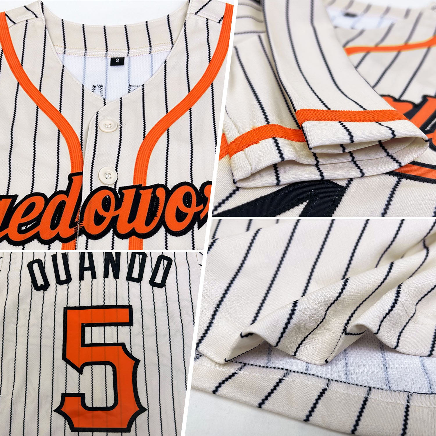 Custom Cream Black Pinstripe Orange-Black Authentic Baseball Jersey - Image 2