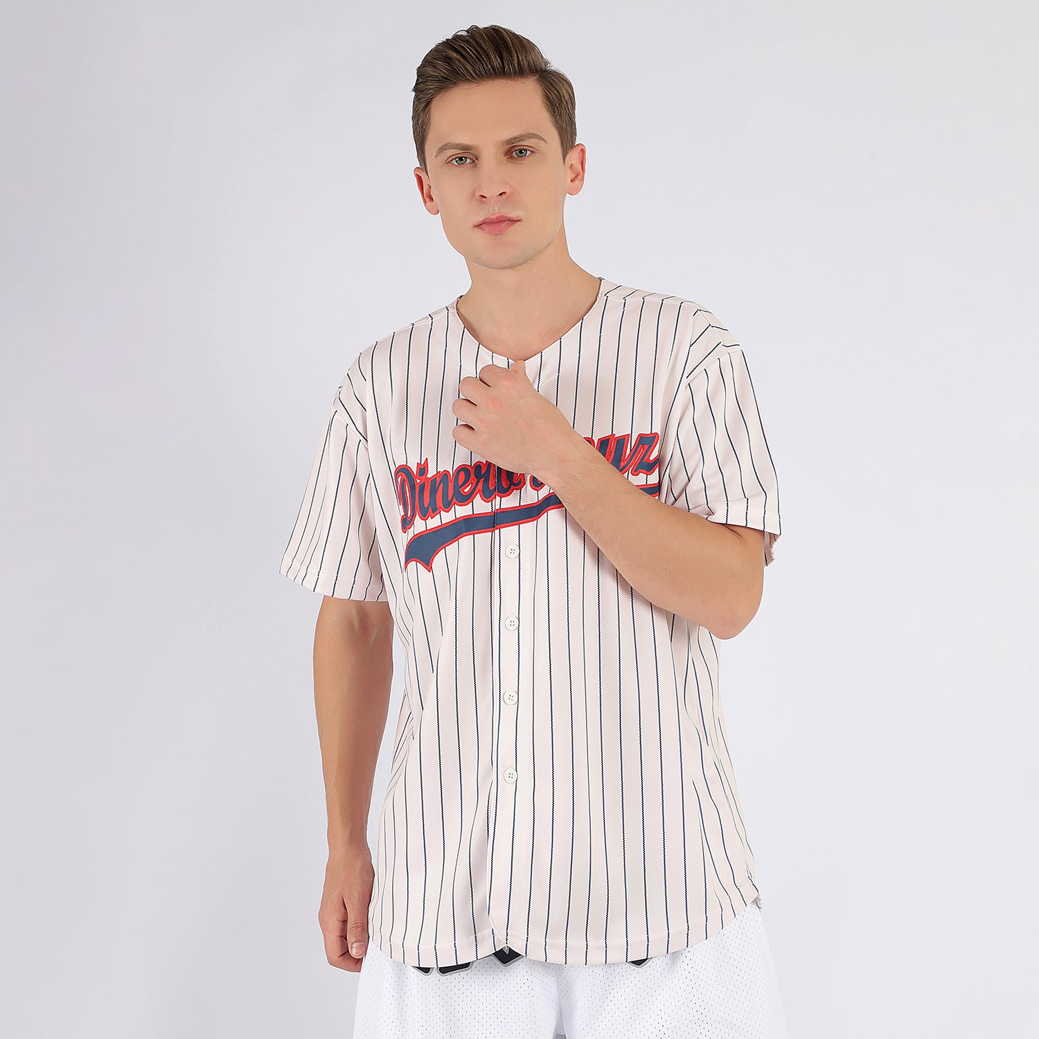 Custom Cream Navy Pinstripe Navy-Red Baseball Jersey - Image 2