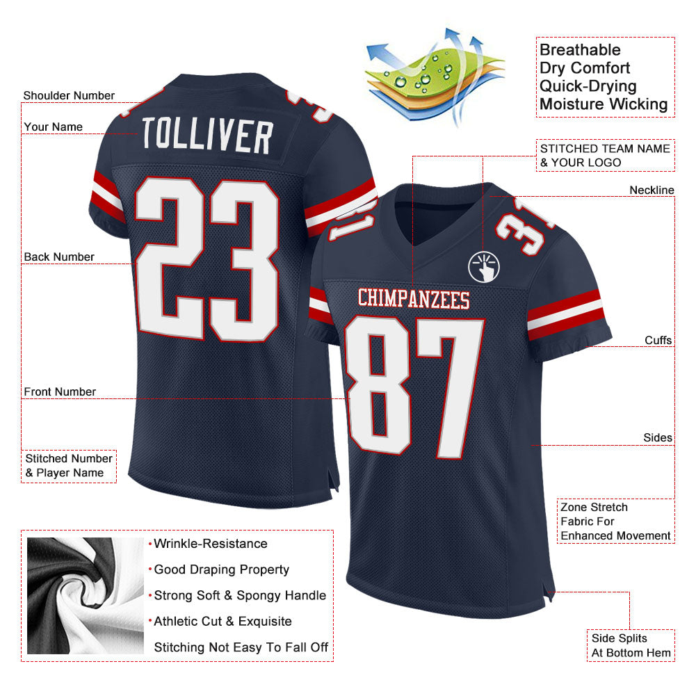 Custom Navy White-Red Mesh Authentic Football Jersey - Image 2