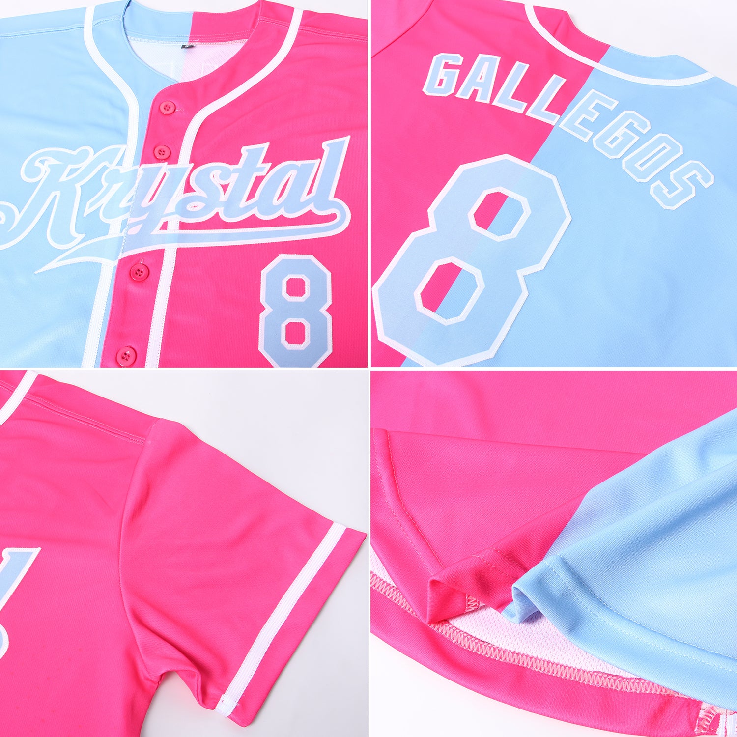 Custom Pink Light Blue-White Authentic Split Fashion Baseball Jersey - Image 6