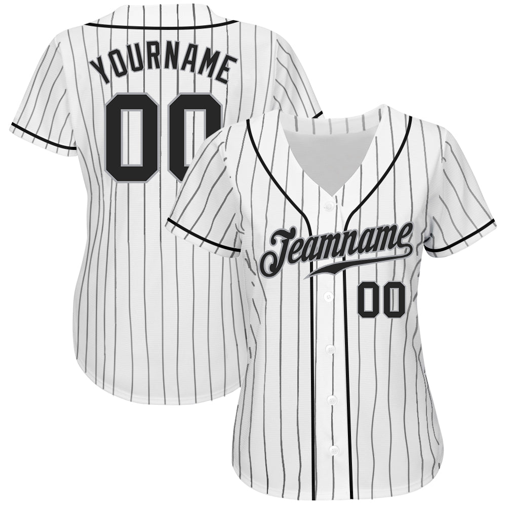 Custom White Black Pinstripe Black-Gray Authentic Baseball Jersey - Image 3
