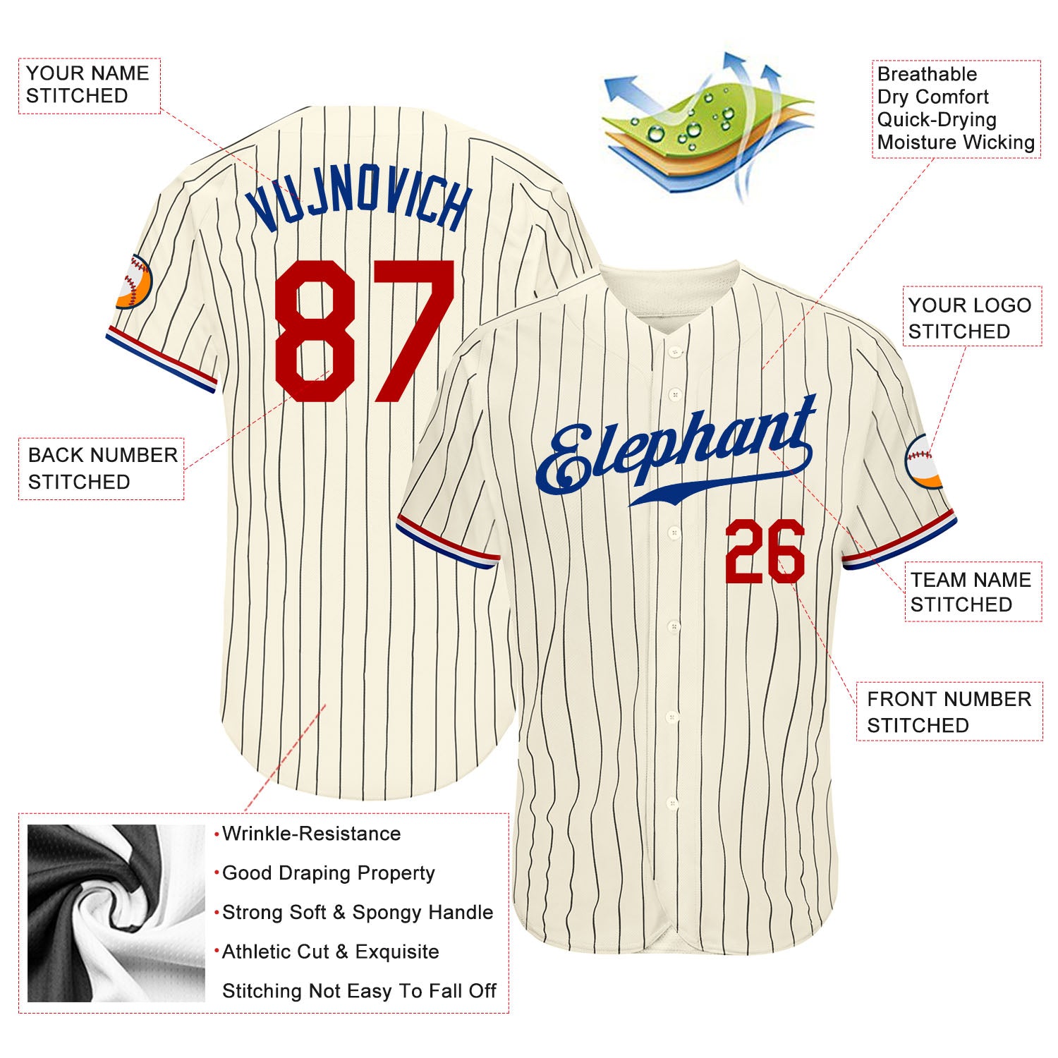 Custom Cream Black Pinstripe Red-Royal Authentic Baseball Jersey - Image 4