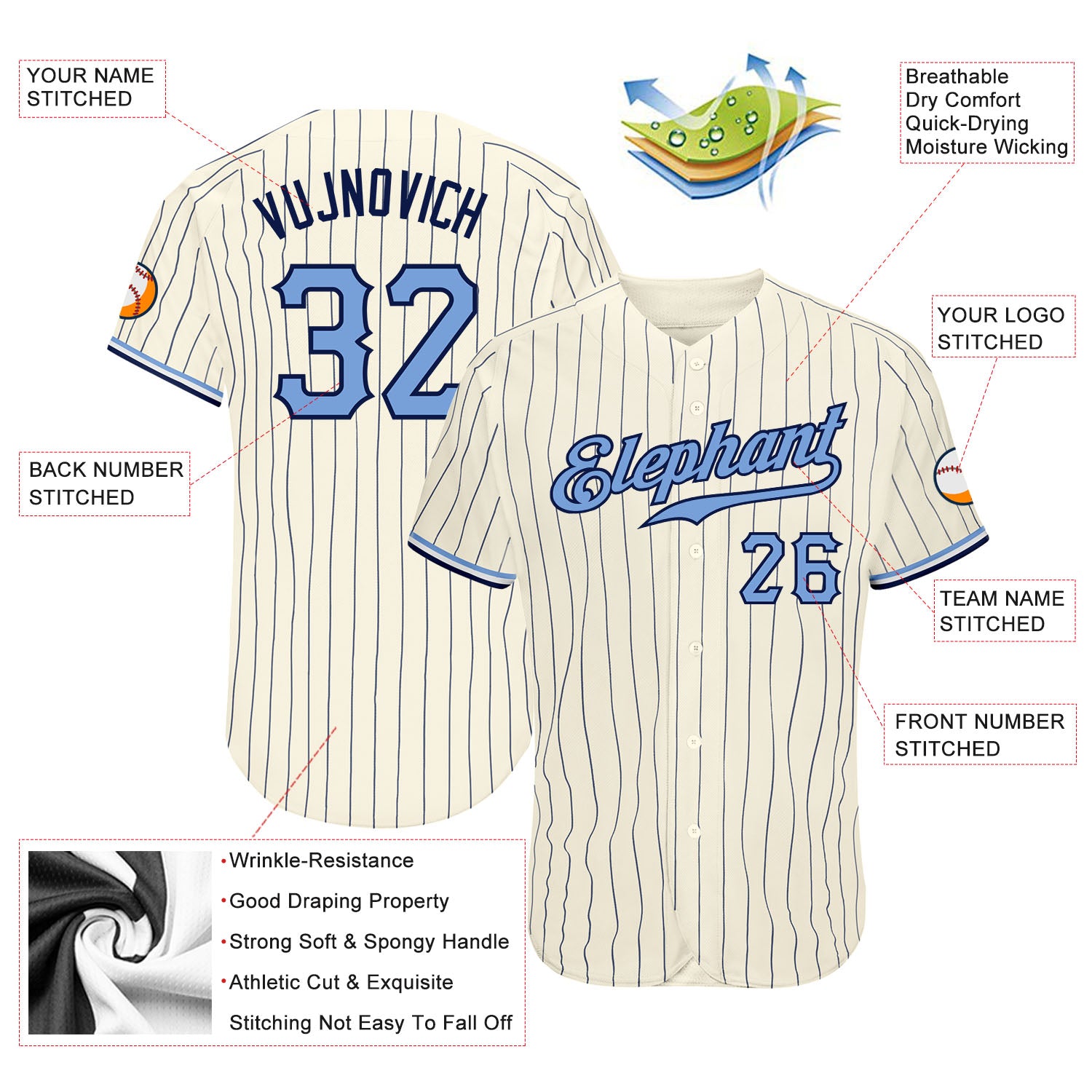 Custom Cream Navy Pinstripe Light Blue-Navy Authentic Baseball Jersey - Image 3