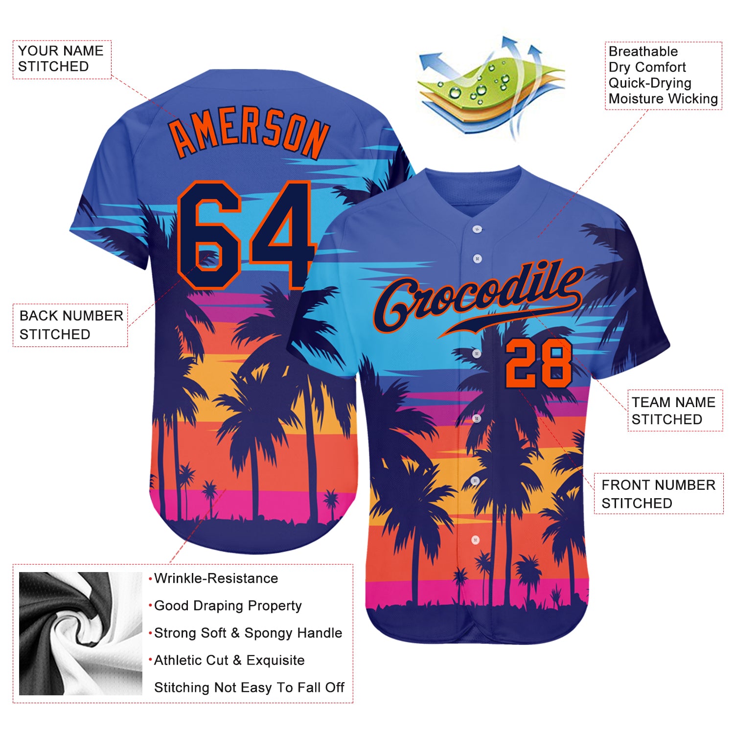 Custom Royal Navy-Orange 3D Pattern Design Palm Trees Authentic Baseball Jersey - Image 3