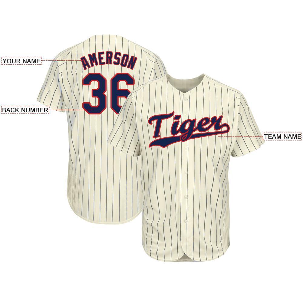 Custom Cream Navy Pinstripe Navy-Red Baseball Jersey - Image 4