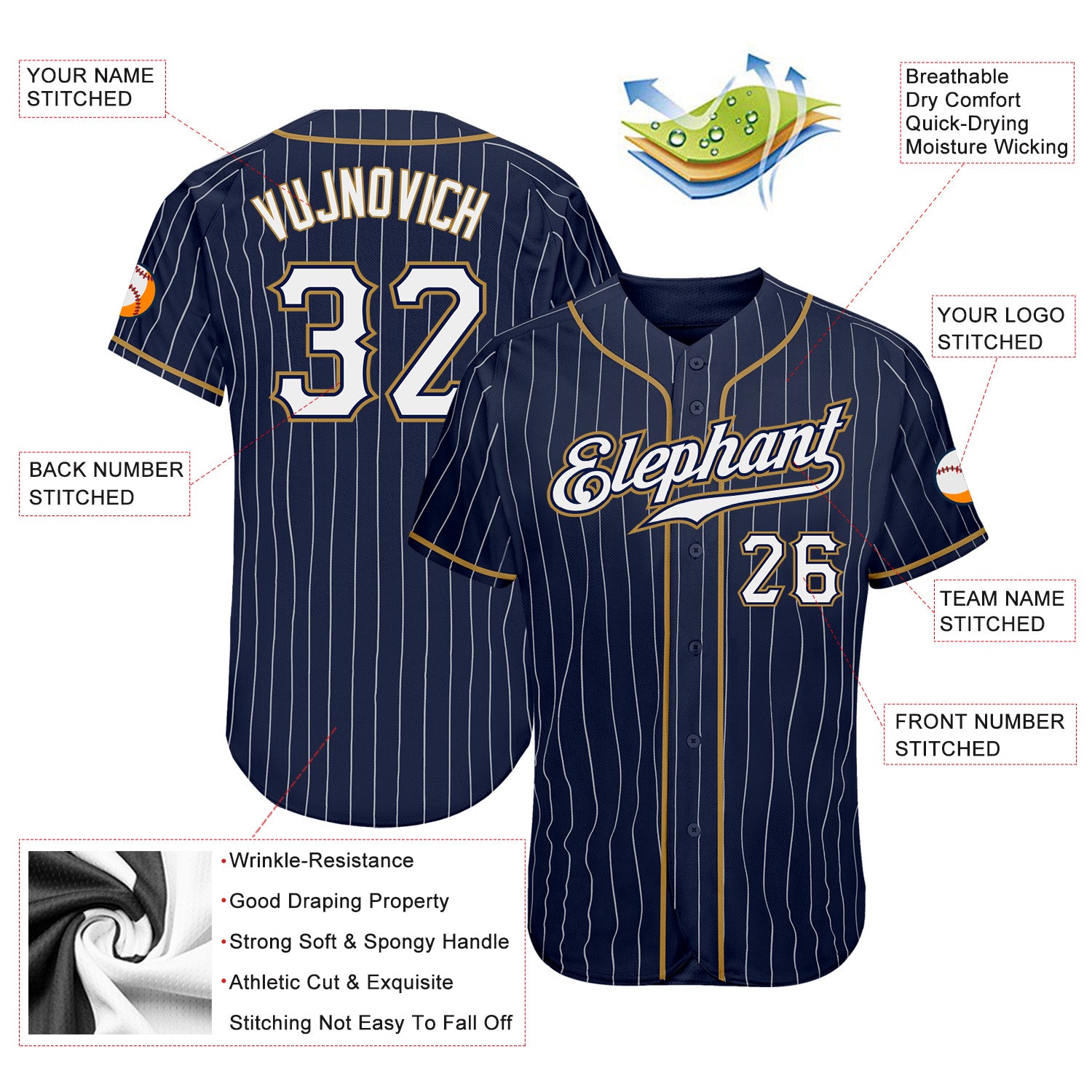 Custom Navy White Pinstripe White-Old Gold Authentic Baseball Jersey - Image 4