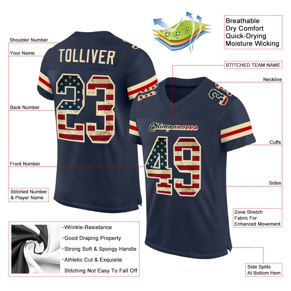 Custom Navy Vintage USA Flag-Cream Mesh Authentic Football Jersey - Image 2